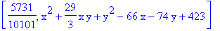 [5731/10101, x^2+29/3*x*y+y^2-66*x-74*y+423]